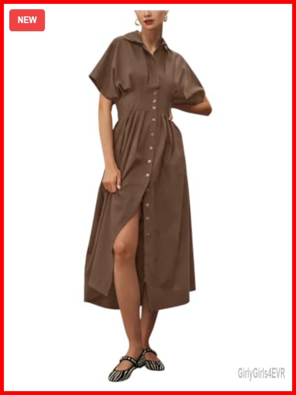 Pleated Button Front Maxi Shirt Dress with Pockets Short Sleeve